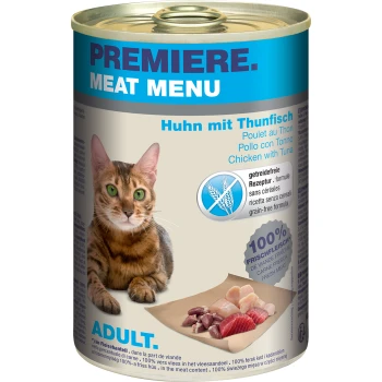 Meat Menu Adult Thunfisch und Huhn 6x400 g Eine Dose "Premiere Meat Menu" Katzenfutter mit einer Bengal-Katze, beschriftet "Huhn mit Thunfisch," getreidefrei, mit frischem Fleisch und "ADULT."