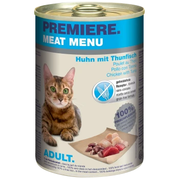 Eine Dose "Premiere Meat Menu" Katzenfutter mit einer Bengal-Katze, beschriftet "Huhn mit Thunfisch," getreidefrei, mit frischem Fleisch und "ADULT."