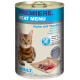 Une boîte de nourriture pour chat "Premiere Meat Menu" avec un chat Bengal, étiquetée "Huhn mit Thunfish," sans céréales, avec de la viande fraîche et "ADULT."