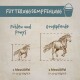 Fütterungstabelle für Pferde: "Fohlen und Ponys" links (1 Schaufel/10g täglich) und "Großpferde" rechts (2 Schaufeln/20g täglich).