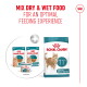 Royal Canin senior cat food (11+) bag and wet pouches; visible text: 'Mix dry & wet food for an optimal feeding experience'