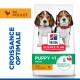 Sac de nourriture pour chiot Hill's Science Plan - PUPPY <1 Medium, au poulet ; mentions «5 avantages essentiels» et étiquette «au POULET».