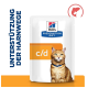 Verpackung von Hill's Prescription Diet c/d Katzenfutter, mit einer Katze mit blauem Halsband und dem Text "Unterstützung der Harnwege."