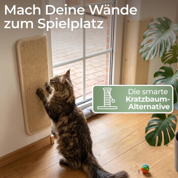 Getigerte kratzt an wandmontiertem Pad; Text: Mach Deine Wände zum Spielplatz; Die smarte Kratzbaum-Alternative.