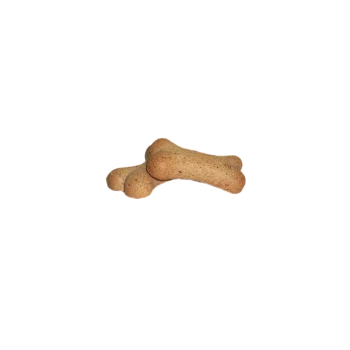 Deux biscuits en forme de chien marron empilés sur un fond blanc.