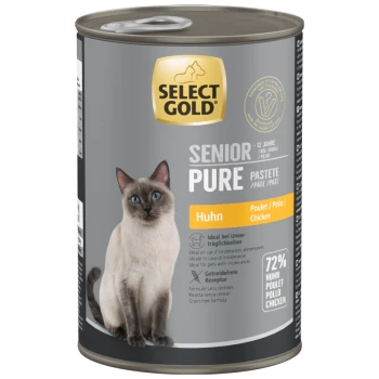 Select Gold Senior Pure Chicken Pasteten-Katzenfutterdose mit einer Siamkatze und 72 % Huhn-Text.