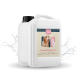 Weißer Kunststoffbehälter für Hundeshampoo mit einem Etikett, das ein Hundebild und den Text "Hunde Shampoo" auf einem hellen Hintergrund zeigt.