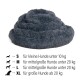 Gemütliches dunkelgraues spiralförmiges Haustierbett mit Größenleitfaden: S für <10 kg, M für <20 kg, L für <20 kg, XL für >20 kg.