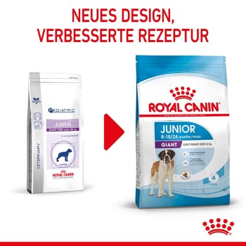 Zwei Hundefuttertüten: "Pädiatrisches Junior Riesenhund" und "Royal Canin Junior Riesenhund," beide mit "NEUES DESIGN, VERBESSERTE REZEPTUR."