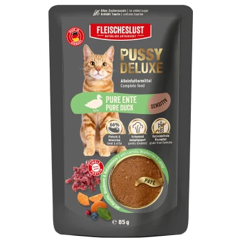 FLEISCHESLUST Pussy Deluxe Katzenfutter-Beutel, Pure Duck (Pure Ente) Sensitive-Pâté, Alleinfuttermittel, 85 g
