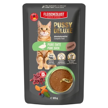FLEISCHESLUST Pussy Deluxe Katzenfutter-Beutel, Pure Duck (Pure Ente) Sensitive-Pâté, Alleinfuttermittel, 85 g