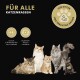 Fünf Katzen verschiedener Rassen auf schwarzem Hintergrund mit dem Text "Für alle Katzenrassen" und Dosierungsinformationen für Kätzchen und tragende Katzen.