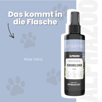 Flasche ALPHAZOO Sensibelchen Spray (Aloe Vera) mit dem Text "Das kommt in die Flasche" und Pfotenabdruck-Grafiken.