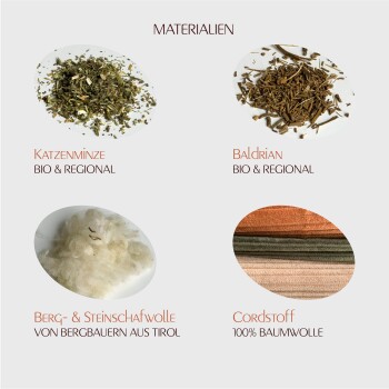Bild, das vier natürliche Materialien für Haustierprodukte zeigt: Katzenminze, Baldrian, Bergschafwolle und Kordstoff, mit Etiketten in Deutsch.