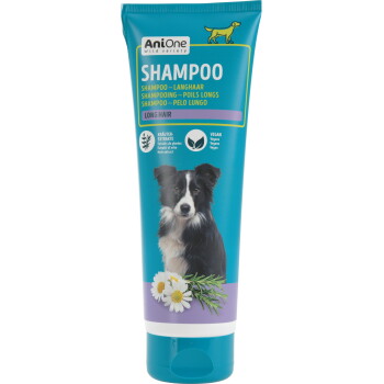AniOne Wild Variety Shampoo-Tube für langhaarige Hunde (türkis) mit Bild eines Border Collies, 'SHAMPOO', Kräuterextrakt und 'Vegan'.