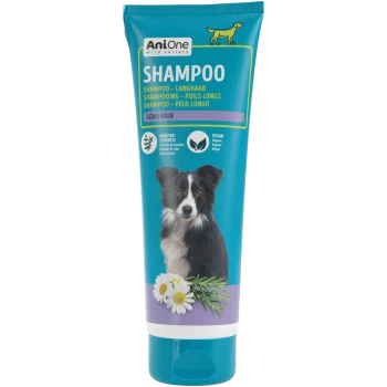 AniOne Wild Variety shampoo voor langharige honden (groenblauw) met afbeelding van een border collie, 'SHAMPOO', kruidenextract en 'Vegan'.