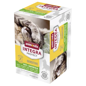 Die Verpackung des Animonda Integra Protect Sensitive Katzenfutters zeigt eine Katze mit ihrer Pfote über ihrem Gesicht, beschriftet mit "Truthahn + Kartoffeln", glutenfrei.