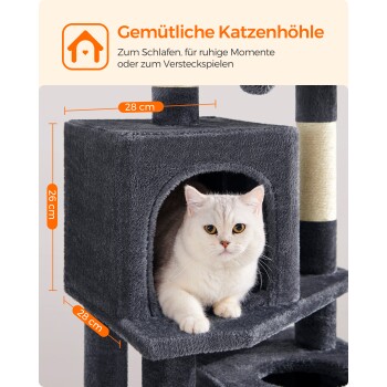 Eine gemütliche graue Katzenhöhle mit einer weißen Katze darin. Text: "Gemütliche Katzenhöhle" und "Zum Schlafen, für ruhige Momente."