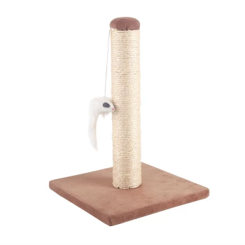 - Katzenbaum Sisal - Kratzbaum Stamm Kratzbaum für Katzen mit einem beigen, mit Seil umwickelten Pfosten und einer plüschigen Basis, mit einem baumelnden Spielzeugmaus zum Spielen.