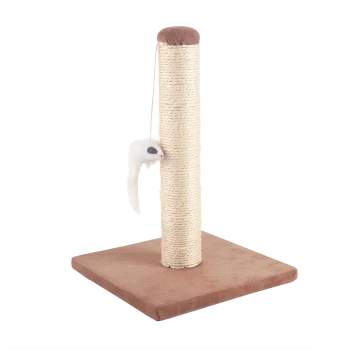 Kratzbaum für Katzen mit einem beigen, mit Seil umwickelten Pfosten und einer plüschigen Basis, mit einem baumelnden Spielzeugmaus zum Spielen.