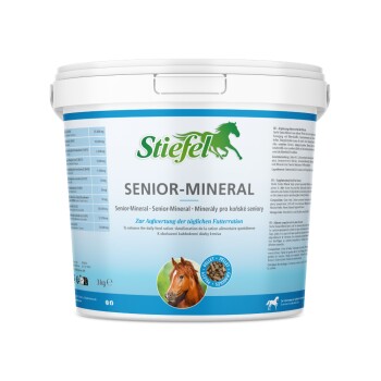 Weißer Eimer mit der Aufschrift "Stiefel SENIOR-MINERAL" mit einem Bild eines braunen Pferdes, das optimale Pflege für ältere Pferde bewirbt, ohne Melasse.