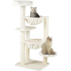 Beige multi-level cat tree with two cats — one in a hanging hammock and one on a lower platform; small label on base.