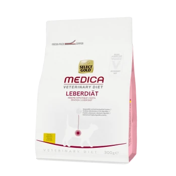 Emballage de nourriture pour chats Select Gold Medica Veterinary Diet Liver Diet, 300g, avec une fermeture à glissière fraîche et une silhouette de chat.