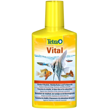 Gelbe Tetra Vital Fischergänzungsmittel-Flasche mit bunten Fischbildern und mehrsprachigem Text zur Förderung von Vitalität und Wohlbefinden.