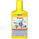 Gelbe Tetra Vital Fischergänzungsmittel-Flasche mit bunten Fischbildern und mehrsprachigem Text zur Förderung von Vitalität und Wohlbefinden.