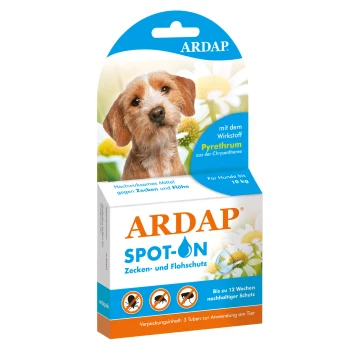 Verpackung für ARDAP Spot-On Floh- und Zeckenschutz für Hunde bis 10 kg, mit Pyrethrum. Enthält 3 Röhrchen für 12 Wochen Schutz.