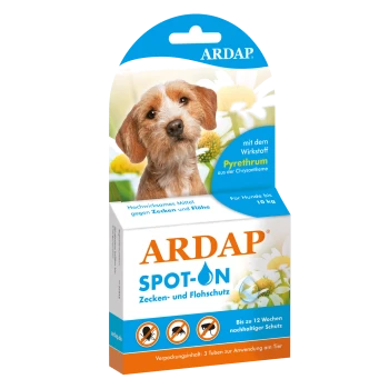 Verpackung für ARDAP Spot-On Floh- und Zeckenschutz für Hunde bis 10 kg, mit Pyrethrum. Enthält 3 Röhrchen für 12 Wochen Schutz.