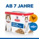Hill's Science Plan Mature Adult 7+ Katzenfutterverpackung mit einer getigerten Katze, mit Symbolen für Huhn und Fisch und dem Text 'AB 7 JAHRE.'