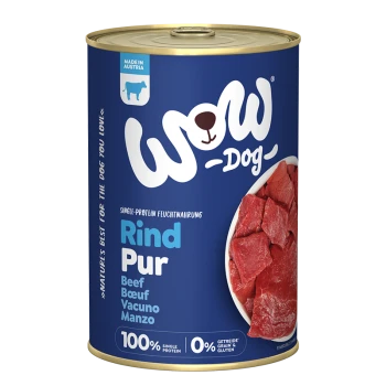 Dosen-Hundefutter, gekennzeichnet mit "WOW Dog Rind Pur," das Rindfleisch enthält, mit einem blauen Hintergrund, der "100% Einzelprotein" und "0% Getreide & Gluten" angibt.