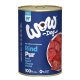 Nourriture pour chien en conserve étiquetée "WOW Dog Rind Pur" avec du bœuf, sur fond bleu, indiquant "100% single protein" et "0% grain & gluten."