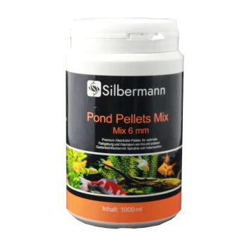 Silbermann Teichpellets Mix-Behälter, 1000 ml, mit einem schwarzen Etikett mit orangefarbenen Akzenten, das Fische und Wasserpflanzen zeigt.