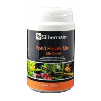 Silbermann Teichpellets Mix-Behälter, 1000 ml, mit einem schwarzen Etikett mit orangefarbenen Akzenten, das Fische und Wasserpflanzen zeigt.
