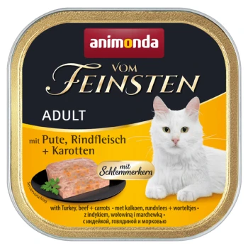 Kat voedselblik met een witte kat op het label, met de tekst "animonda vom Feinsten ADULT mit Pute, Rindfleisch + Karotten."