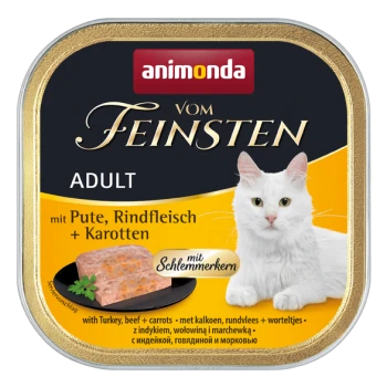 Boîte de nourriture pour chat avec un chat blanc sur l'étiquette, présentant le texte "animonda vom Feinsten ADULT mit Pute, Rindfleisch + Karotten."
