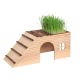 Holzhaustierhaus mit schrägem Dach und Treppe, bedeckt mit lebhaftem grünem Gras, mit einem runden Fenster an der Seite.