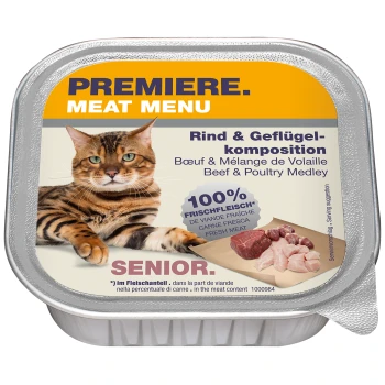 Menu de viande première pour chats seniors avec un mélange de bœuf et de volaille, avec une revendication de 100 % de viande fraîche.