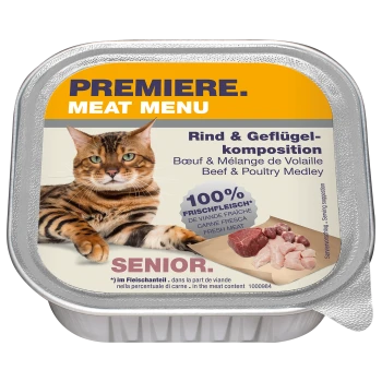 Premiere Fleischmenü für Seniorenkatzen mit Rind- und Geflügelmischung, mit dem Hinweis auf 100% frisches Fleisch.