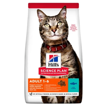 Hill's Science Plan cat food bag featuring a tabby cat with a red collar. Text highlights "Adult 1-6" and nutritional benefits.
