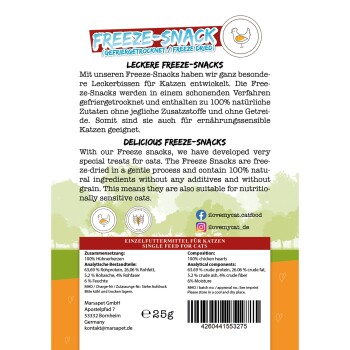 Verpackung von gefriergetrockneten Katzenleckereien mit dem Text "Leckere Gefrier-Snacks", Zutaten und Nährwertinformationen in Deutsch und Englisch.