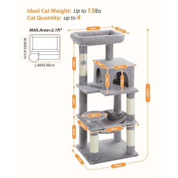 Grauer Katzenbaum mit mehreren Ebenen, mit abgemessenen Dimensionen, ideal für Katzen bis zu 13 lbs und maximal 4 Katzen, mit Kratzpfosten.