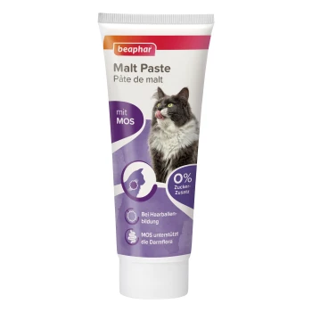 Beaphar Malt Paste Tube für Katzen, zeigt eine leckende Katze und "0% Zucker-Zusatz", fördert die Unterstützung von Haarballen und der Darmflora.