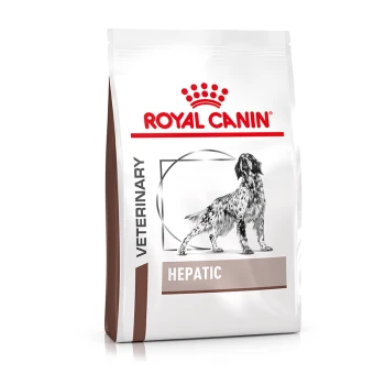 Royal Canin Veterinary Hepatic Hundefutterbeutel mit einer Silhouette eines Hundes, der die Unterstützung der Lebergesundheit betont.