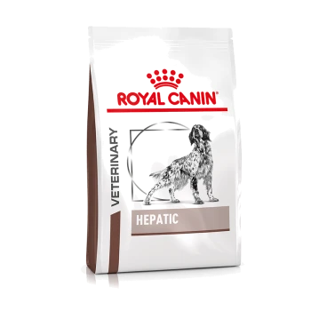 Royal Canin Veterinary Hepatic Hundefutterbeutel mit einer Silhouette eines Hundes, der die Unterstützung der Lebergesundheit betont.