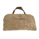 Beige, gerippte Cord-Reisetasche für Haustiere mit braunen Griffen, vorderer Einschubtasche und kleinem Leder-Logo-Patch.
