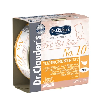 Dr. Clauder's Best Filet Kitten Katzenfutterdose, mit Hühnerbrust, gekennzeichnet als Nr. 10, mit 60% Fleischgehalt.