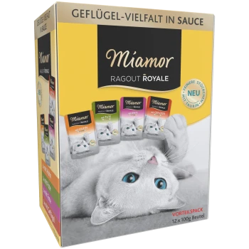 Pudełko z karmą dla zwierząt Miamor Ragout Royale z zabawnym białym kotem, o smakach: kurczak, indyk, kaczka i drób, 12 x 100g.